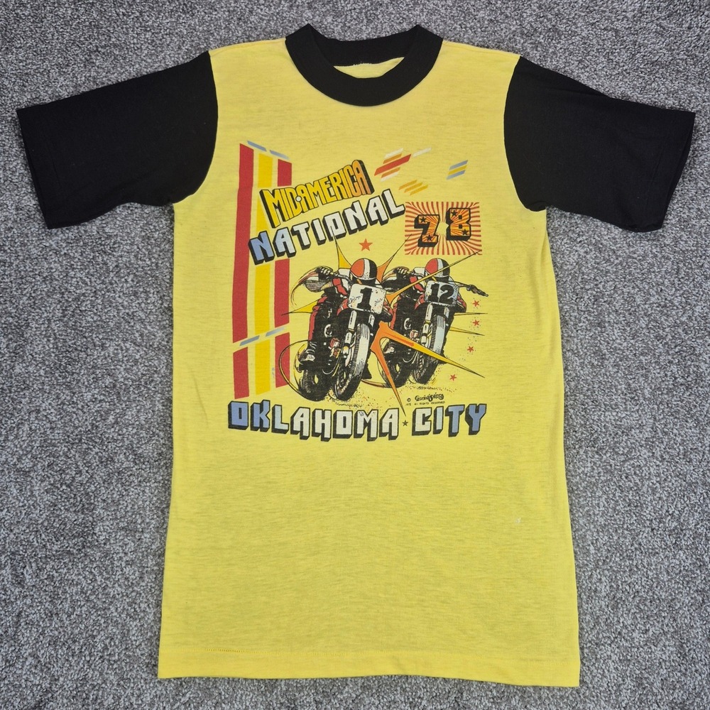 Vintage 70s Ringer Tee Size XS Yellow Racing Single Stitch T-Shirt Retro 1978